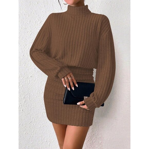 Women's Brown Lantern Sleeve Turtle Neck Cute Ribbed Knit Pullover Sweater Dress - Picture 2 of 5